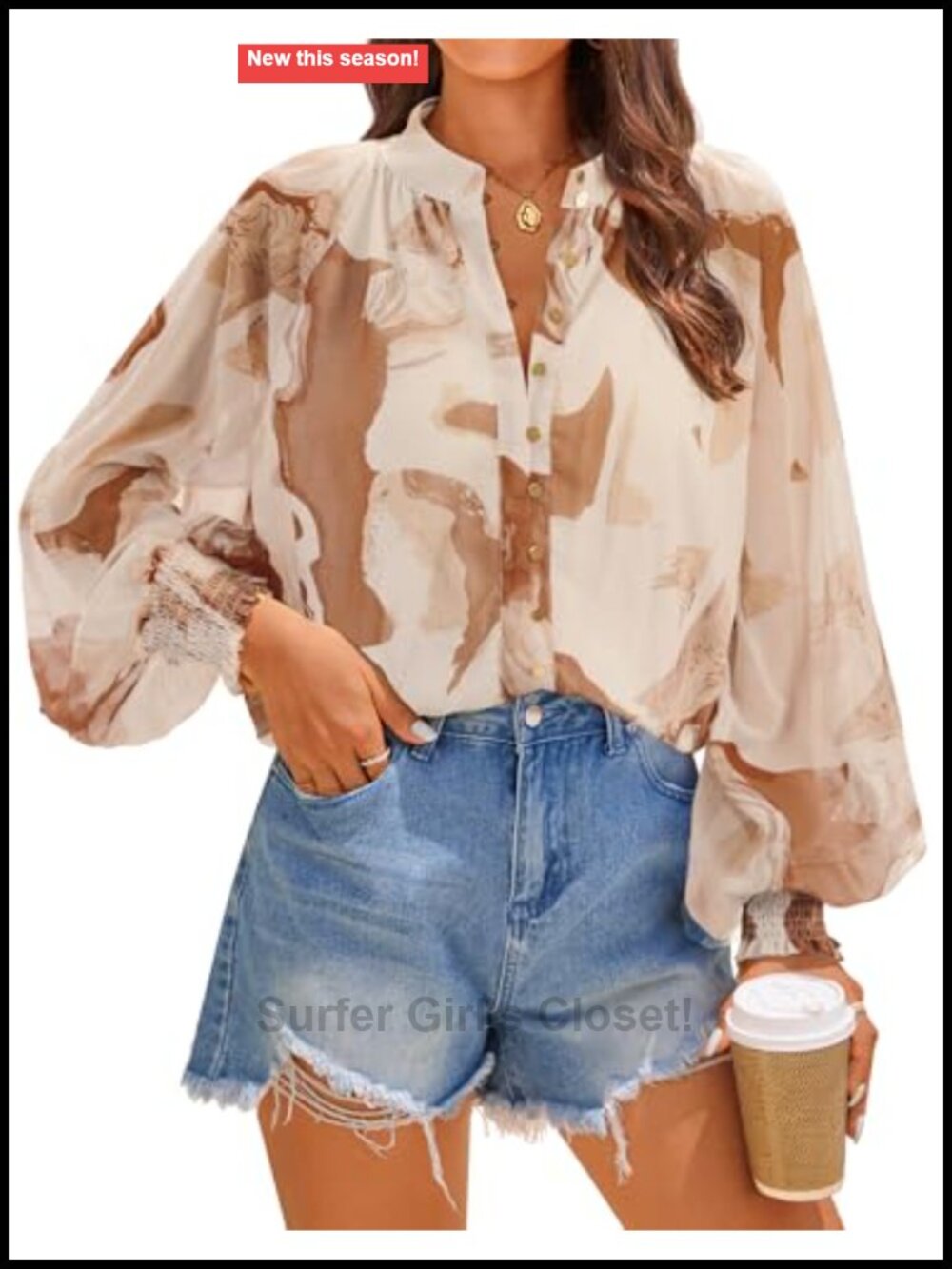 Floral Boho Button Down Blouse Lantern Sleeve Smocked Cuff Oversized Top